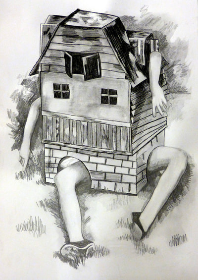 black and white pencil and pen drawing of an Alice in Wonderland doll hose