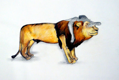 colour pencil and pen drawing of a person laying on a lion