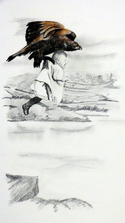 pencil drawing of an eagle and child flying 